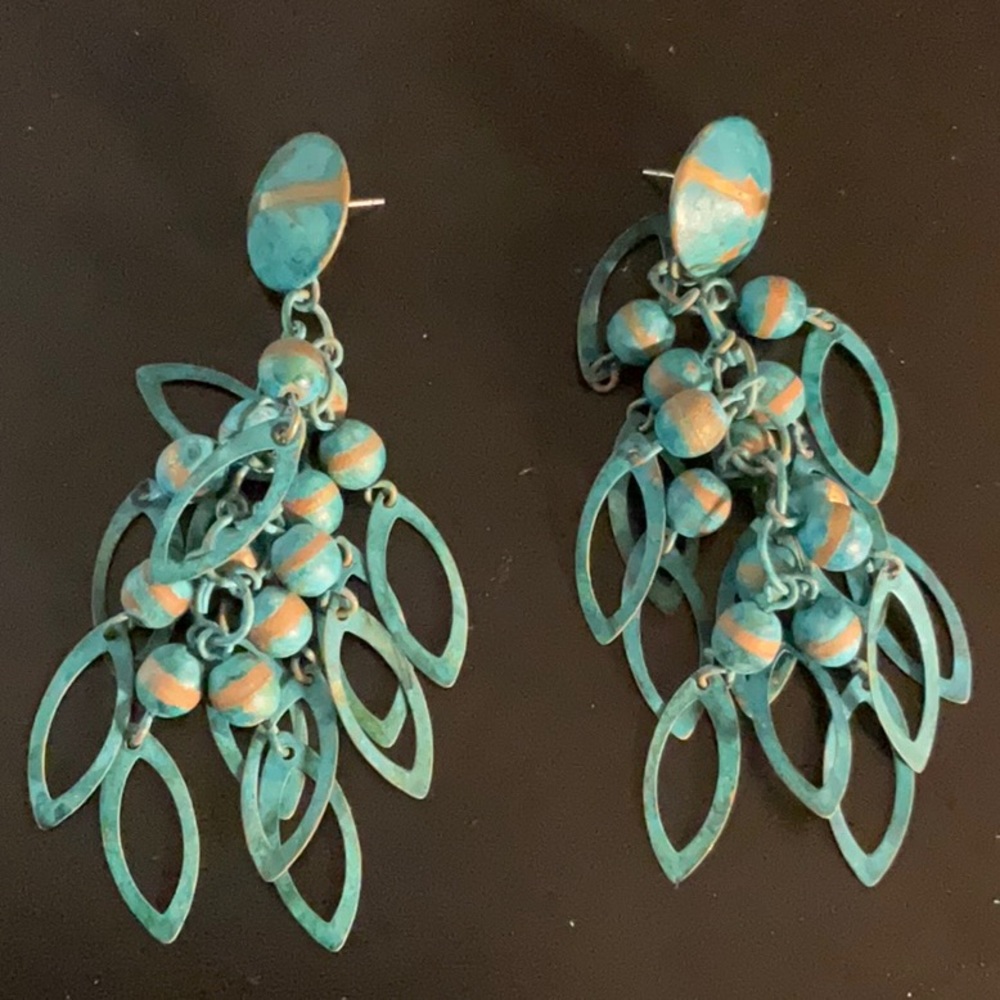 Vintage 80’s Teal Blue copper art Dangle Earrrings, Boho Style